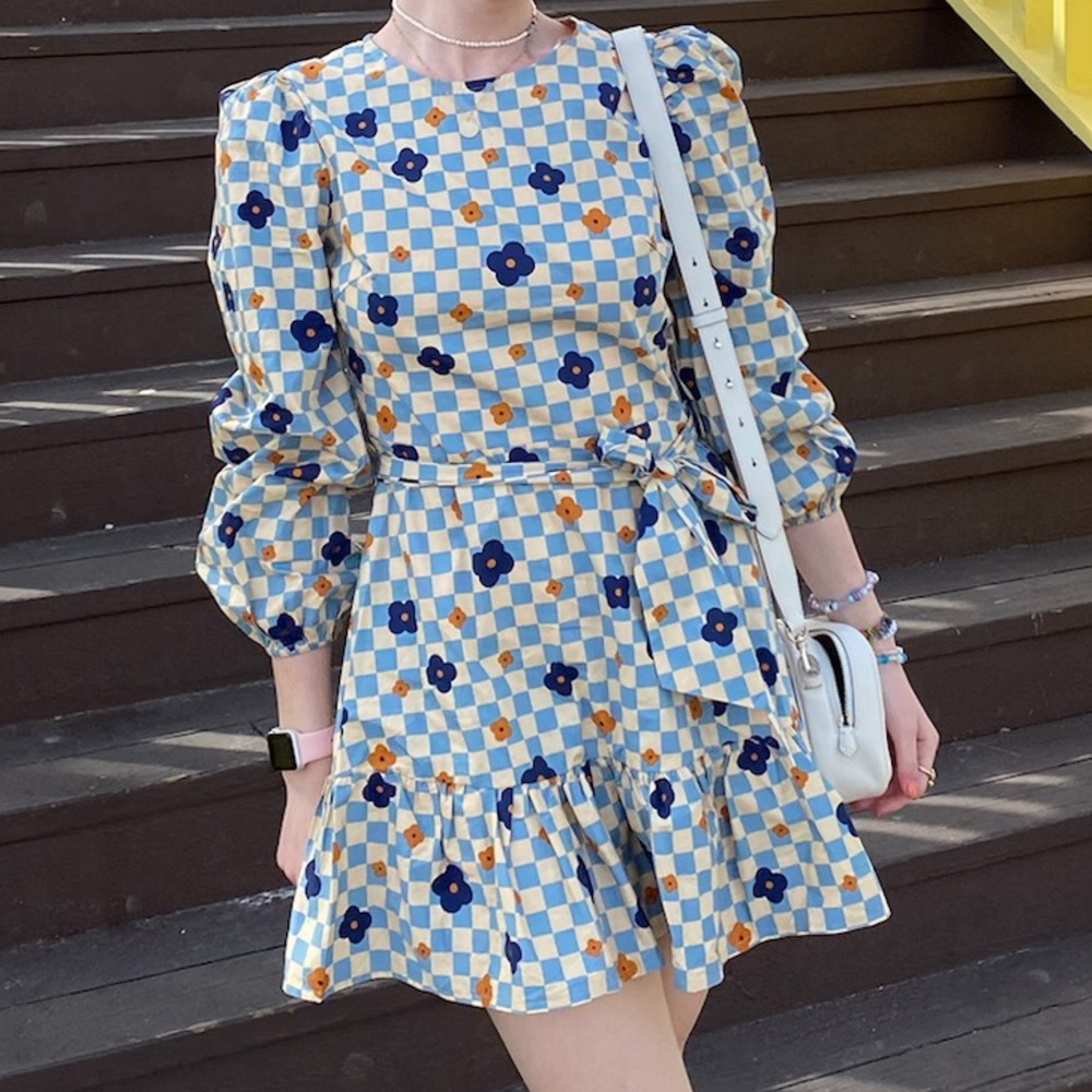 ASOS Glamorous tan and blue checkered dress with flowers